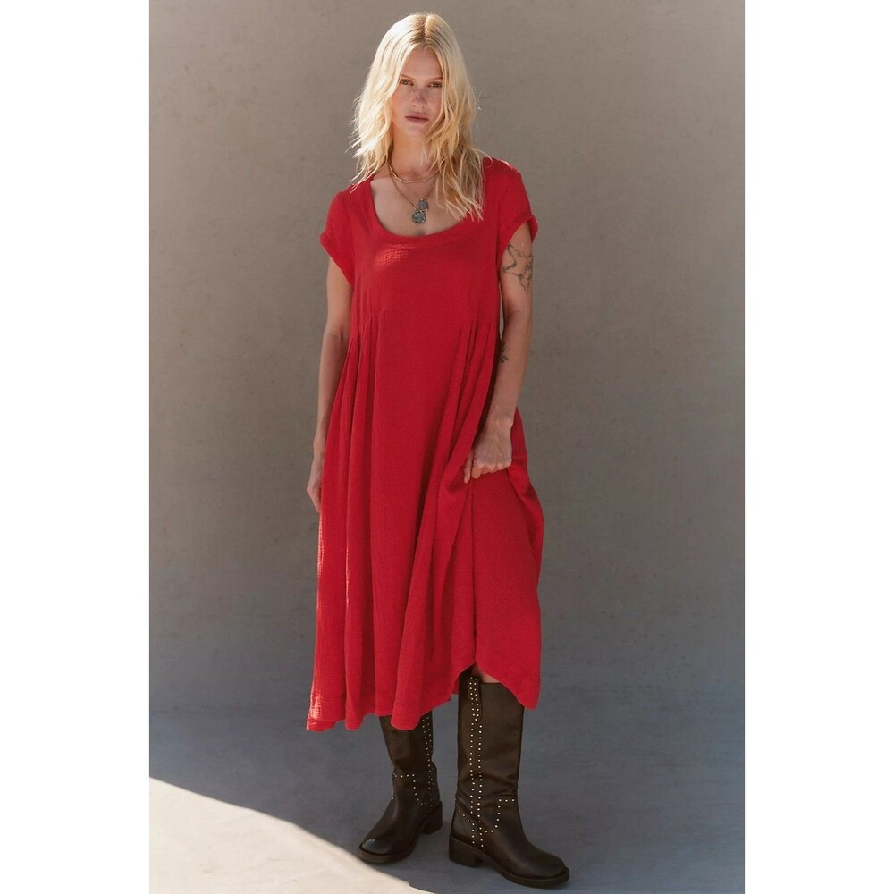 Free People Free-Est Blaine Midi Dress Cap Sleeve Fiery Red Scoop Neck S 287485